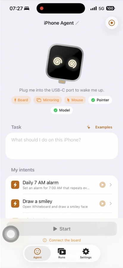 The ESP32 Agent app showing task entry and saved tasks