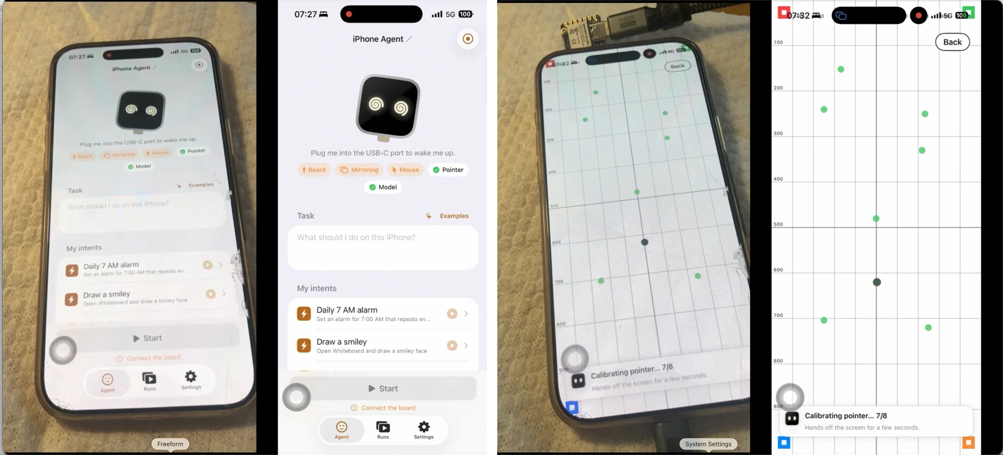 The ESP32 Agent app and its pointer calibration screen, photographed on an iPhone beside their mirrored screens