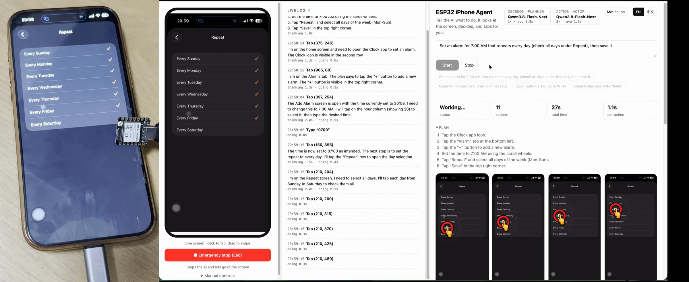 An iPhone connected to an ESP32-S3 beside the legacy agent interface during an alarm task